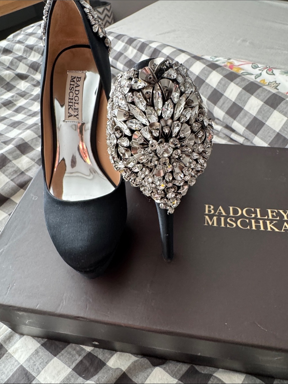Badgley Mischka Black Satin Pumps with Crystal Cluster Heel